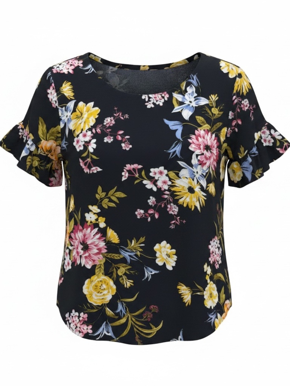 LOFT Black Floral Ruffle Sleeve Top